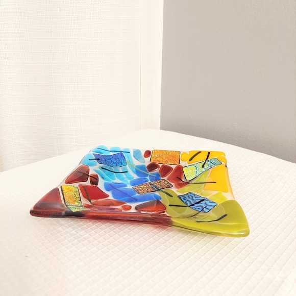 Abstract Fused Glass Dichroic Dish Art Trinket Vanity Bath Decor 6 " square - Picture 4 of 9